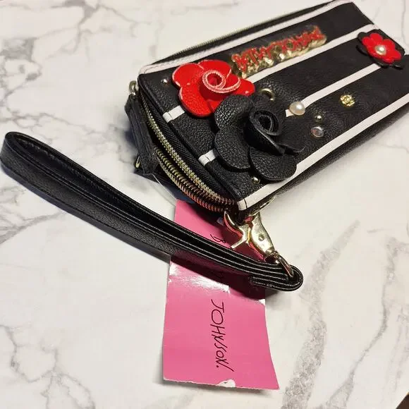 Betsey Johnson NEW zip around wristlet wallet faux leather w roses striped bling - Picture 13 of 13